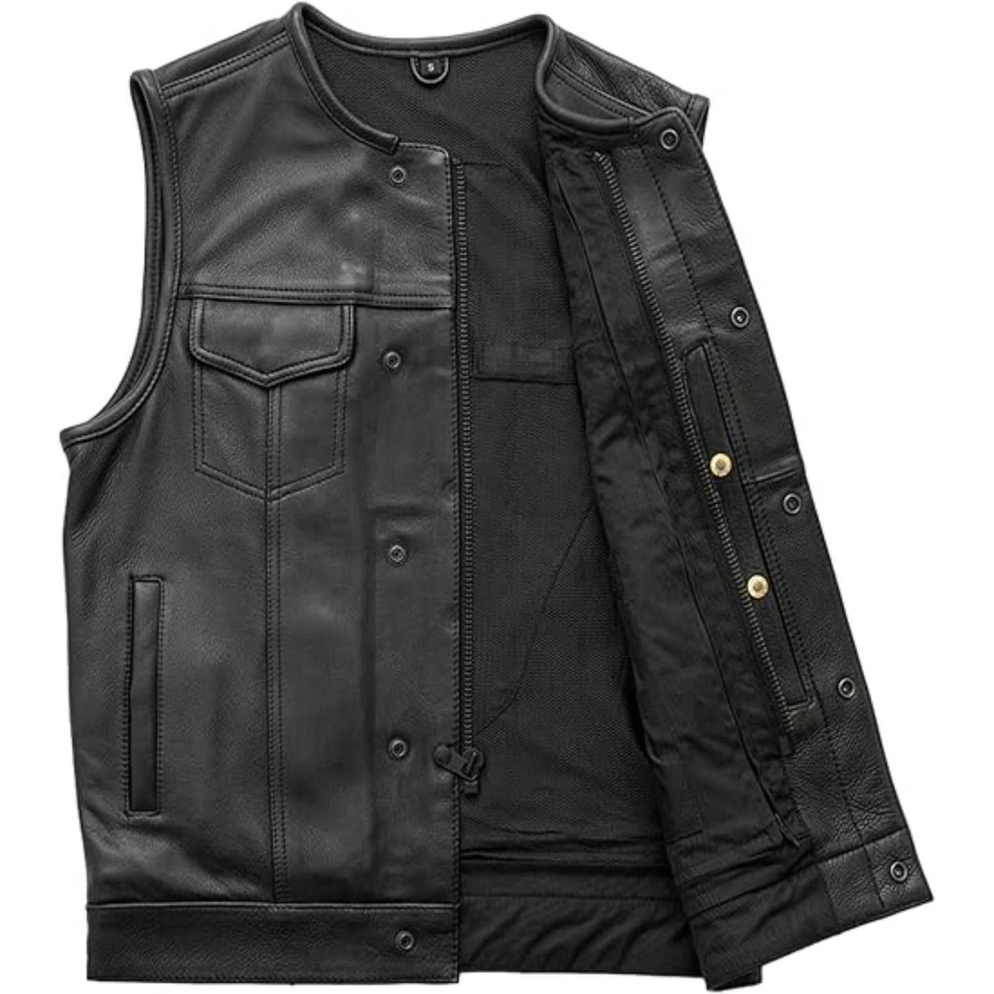 Black leather vest with button details on a white background