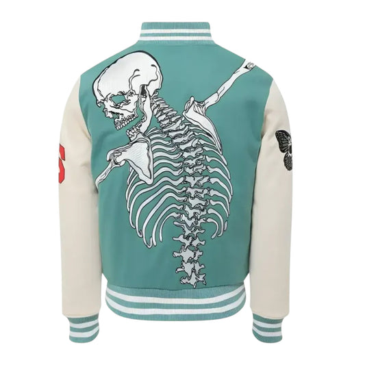 Varsity jacket with skeleton design on a white background