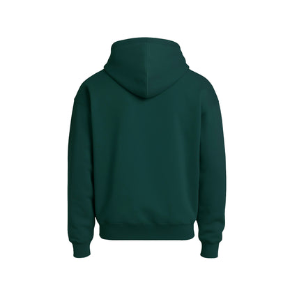 Green hoodie shown from the back on a white background