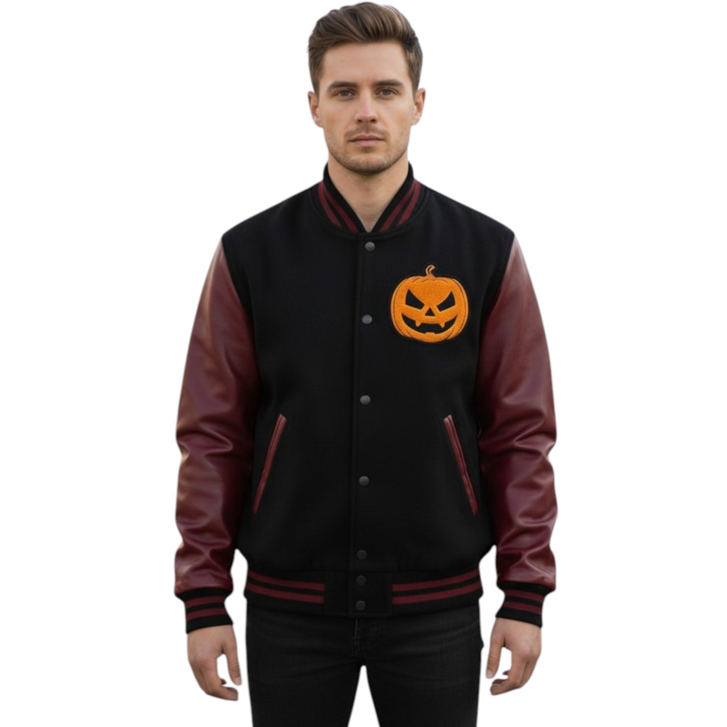 Man wearing a black and red varsity jacket with a pumpkin logo on a white background