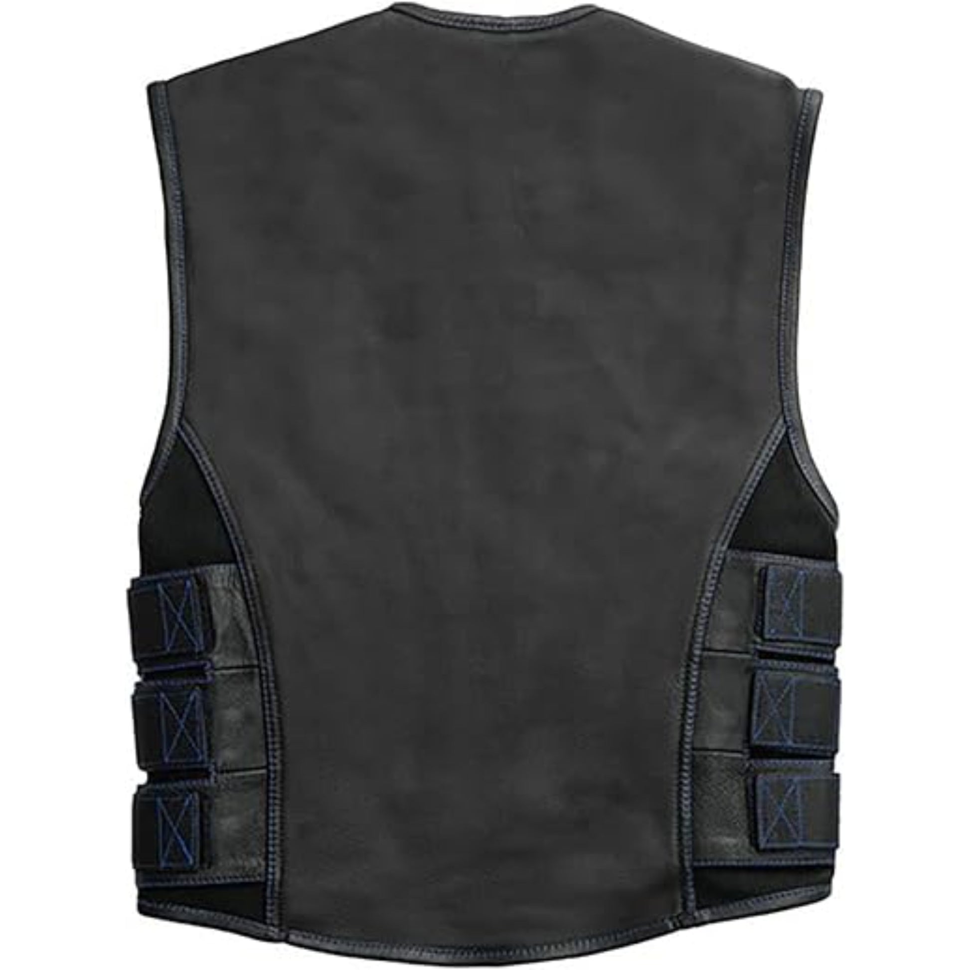 Black leather vest with multiple pockets on a white background