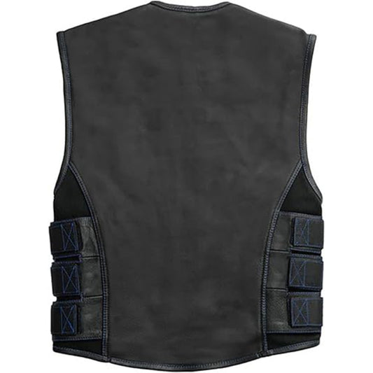 Black leather vest with multiple pockets on a white background