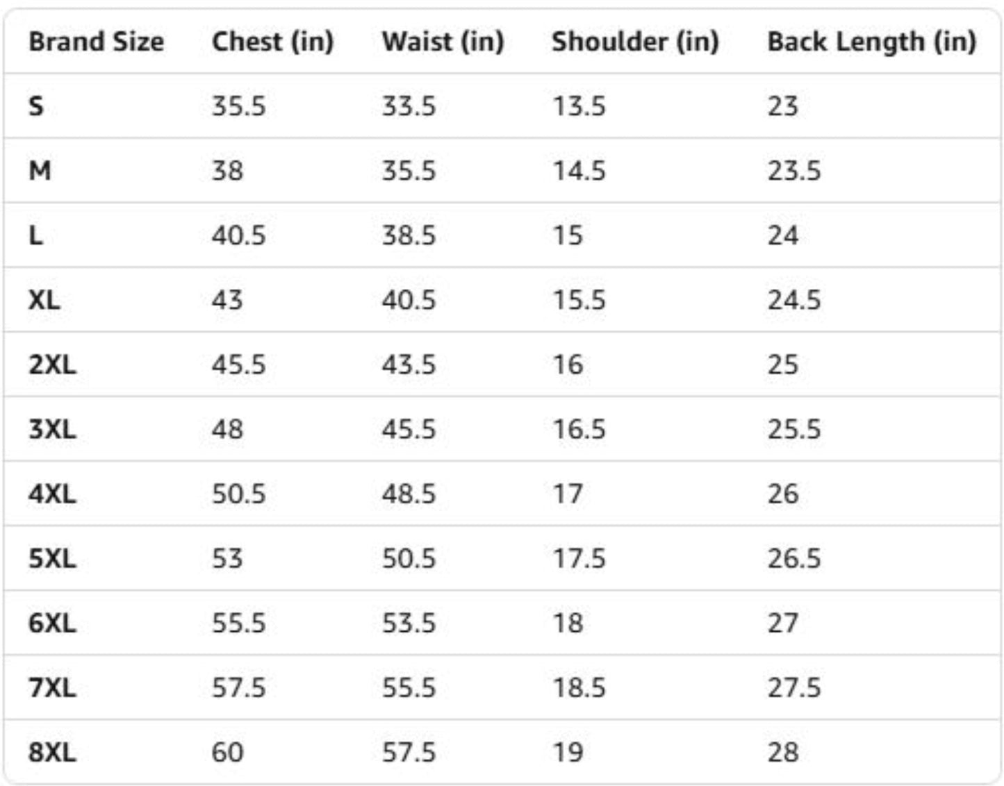 US Regular Size Chart for Gun Runner Vest with brand sizes, chest, waist, shoulder, and back length measurements.