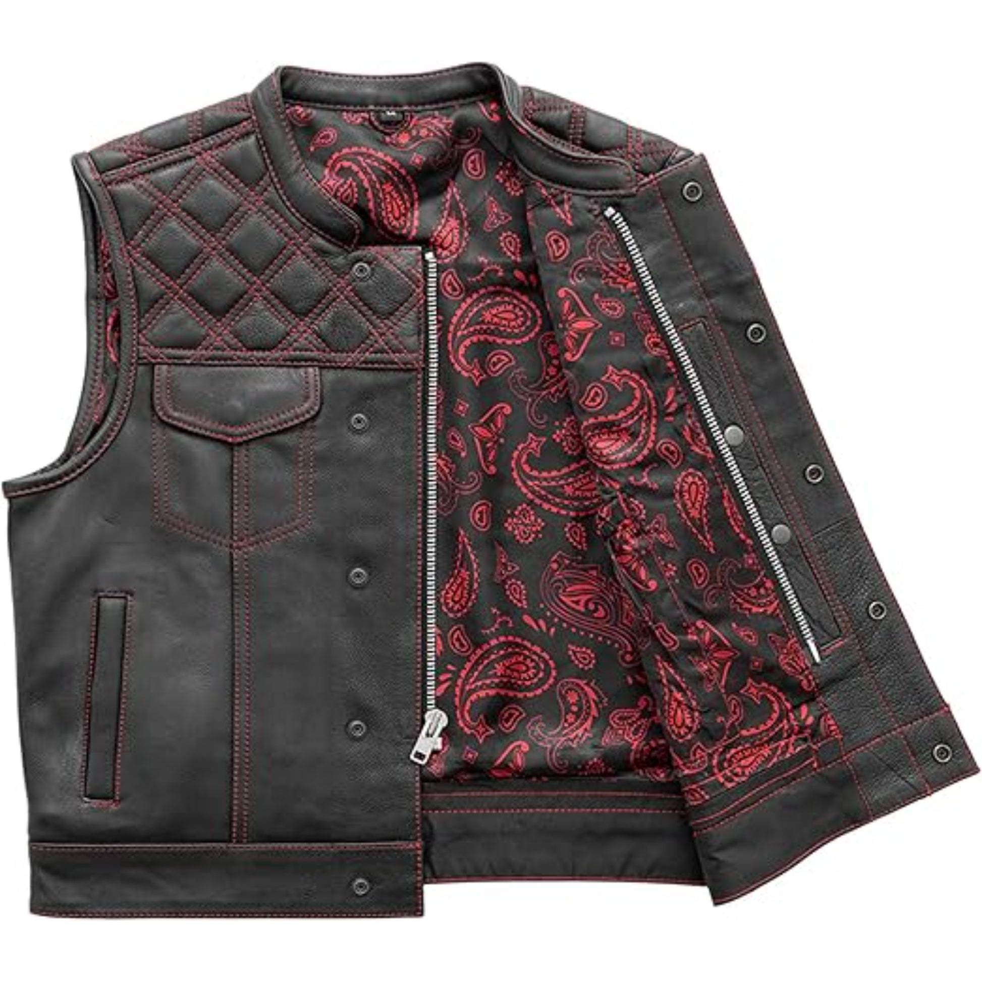 Black leather vest with red paisley pattern on a white background