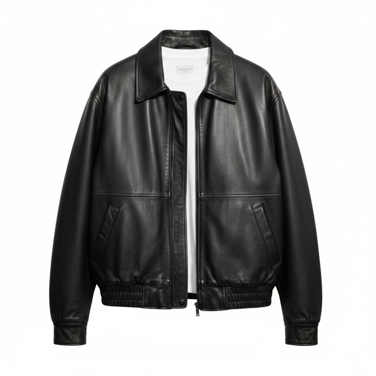 Black leather jacket on a white background