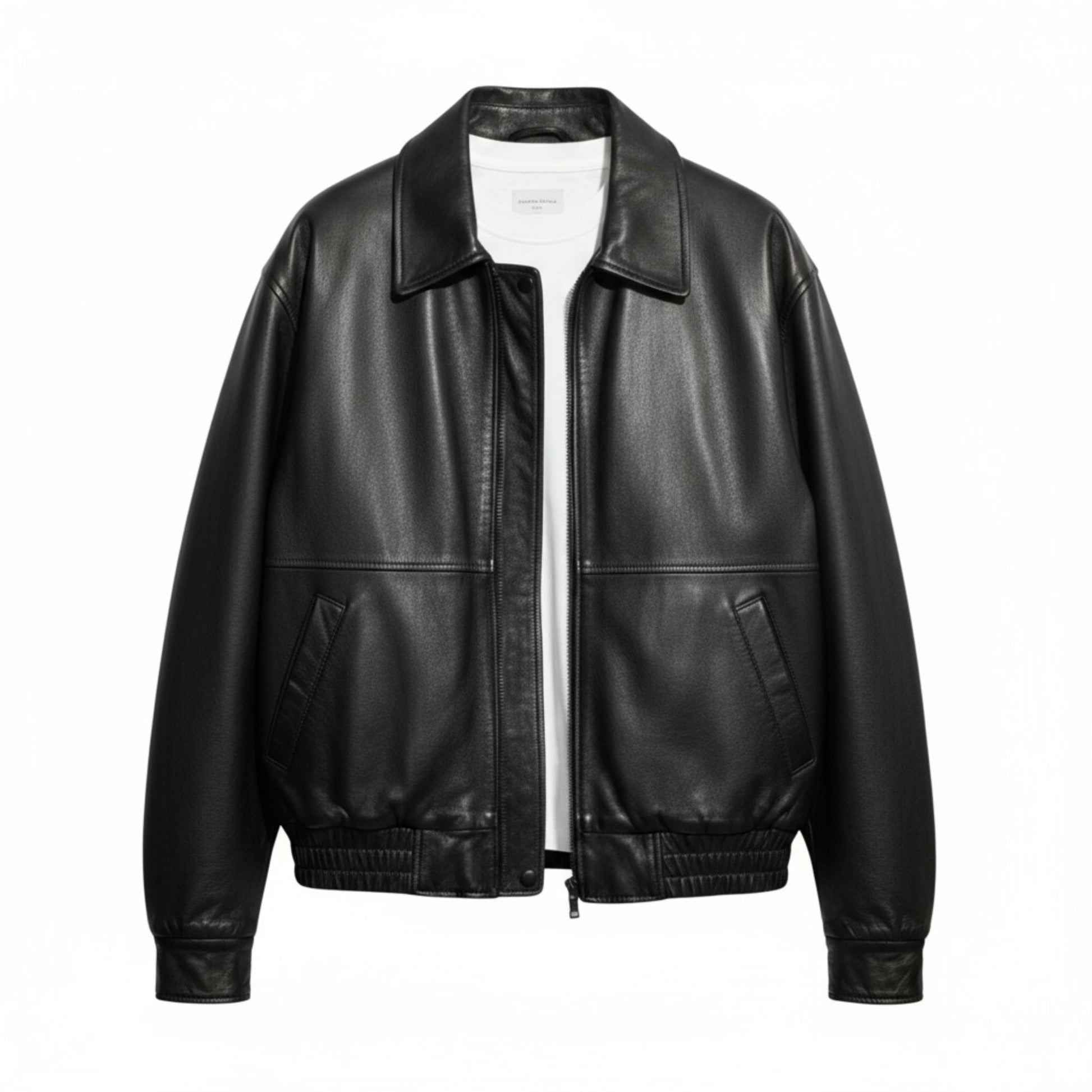 Black leather jacket on a white background