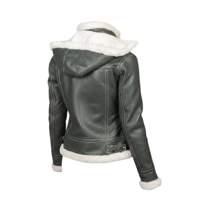 Green leather jacket with white fur lining on a white background