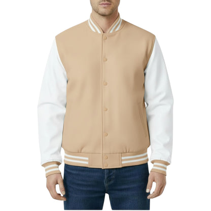 Beige and white varsity jacket worn by a person on a white background