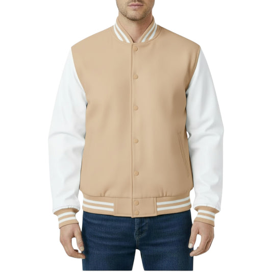 Premium Beige & White Varsity Letterman Jacket – Unisex Wool & Leather