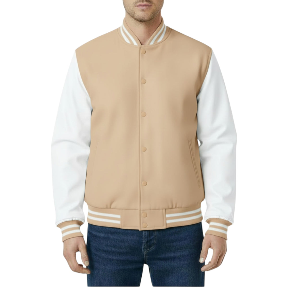 Beige and white varsity jacket worn by a person on a white background