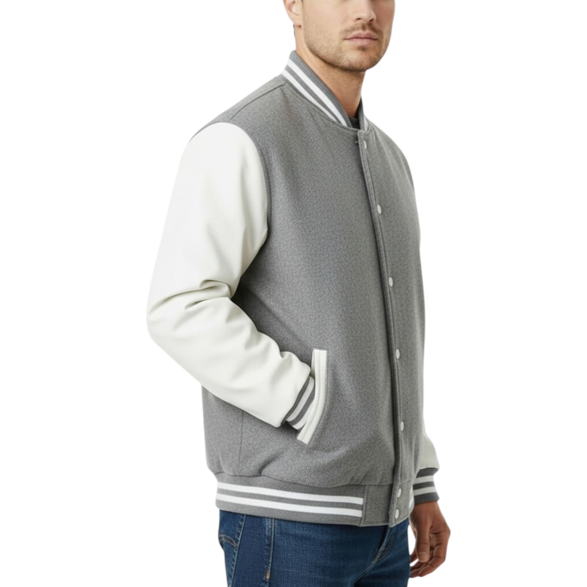 Gray and white varsity jacket worn by a person on a white background