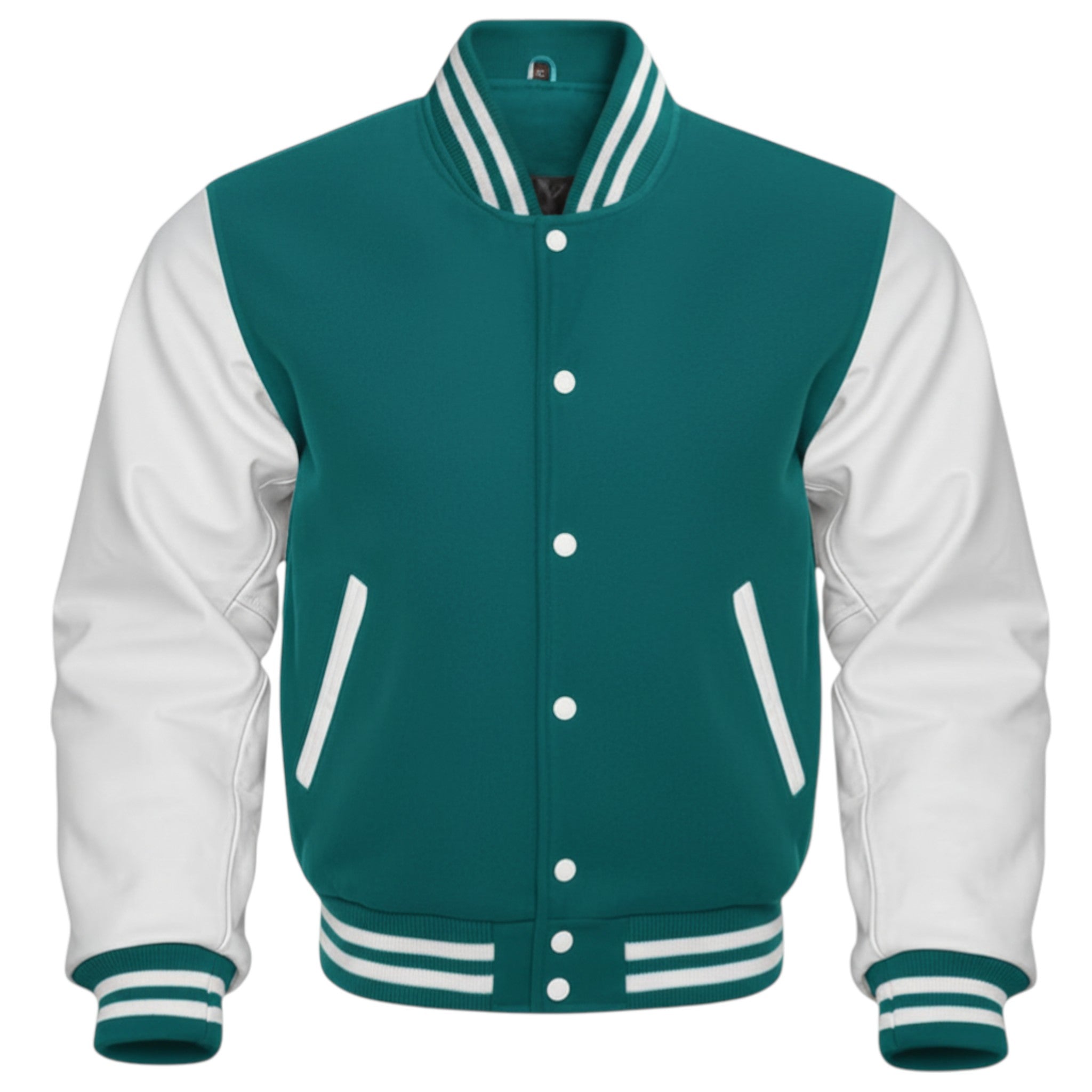 Teal and white varsity jacket on a white background
