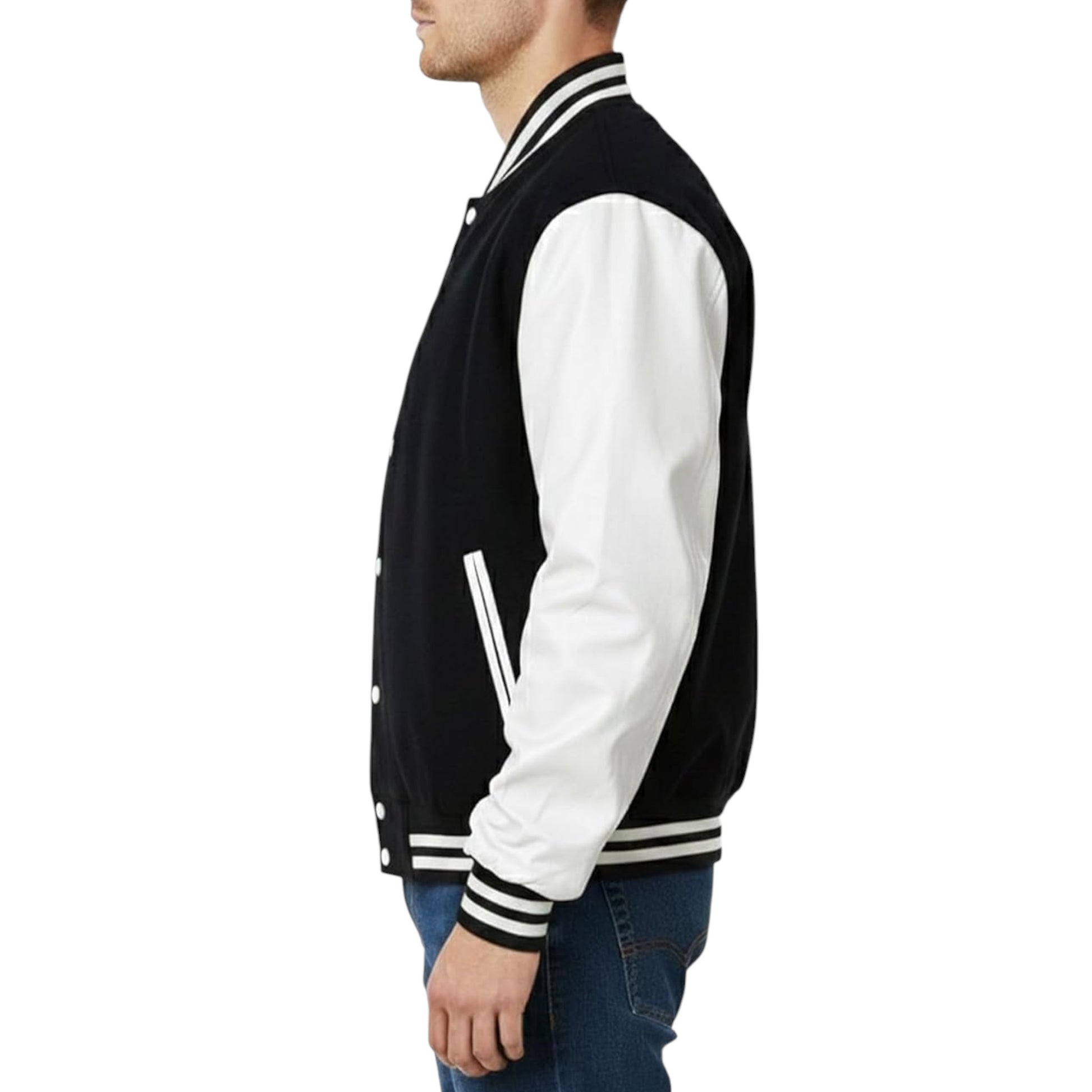 Black and white varsity jacket worn by a person on a white background