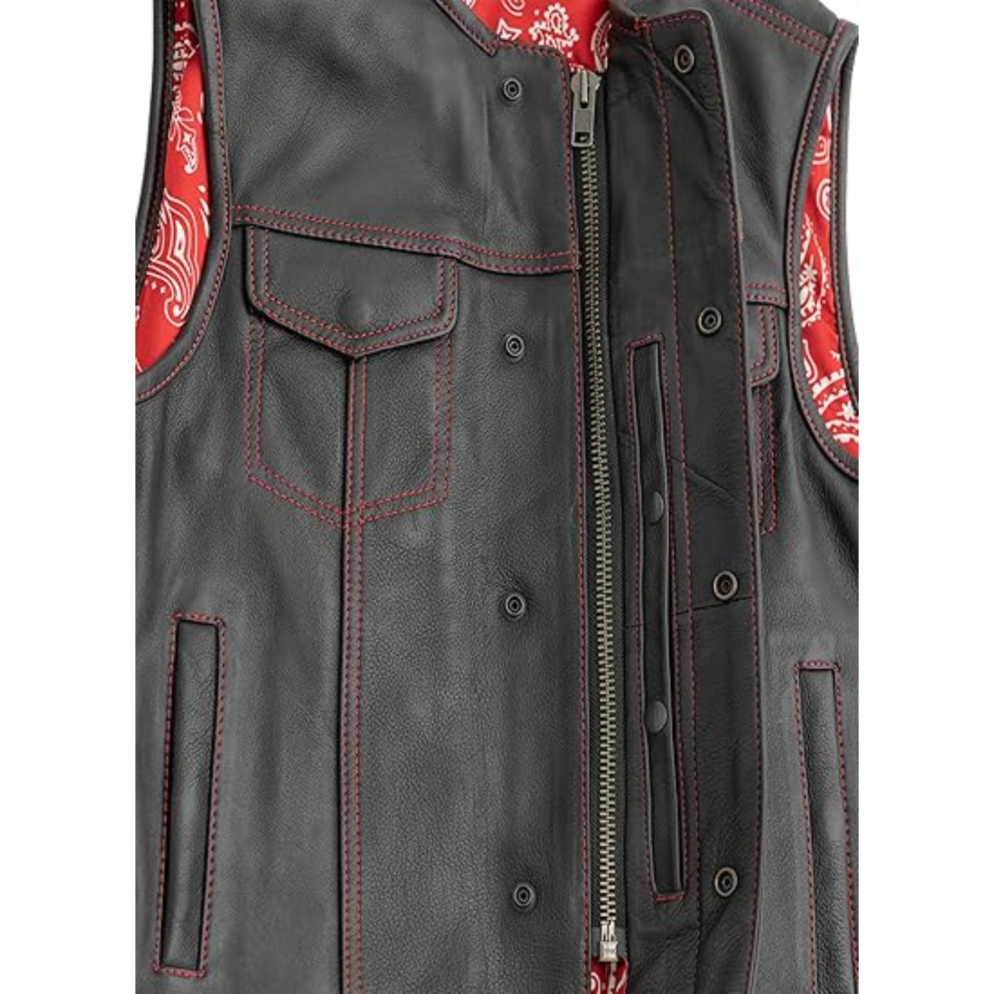 Gray leather vest with red interior and decorative stitching on a white background