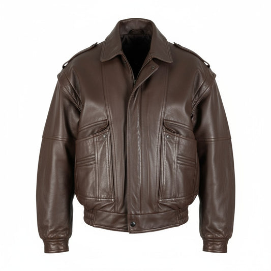 Brown leather jacket on a white background