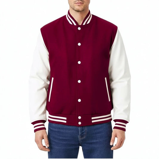 Maroon and white varsity jacket worn by a person on a white background