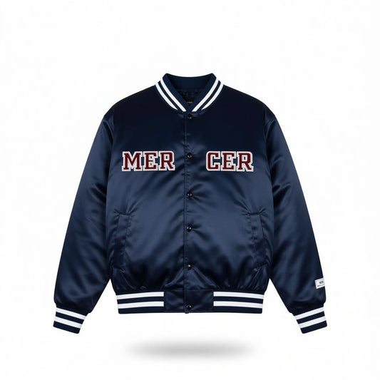 Navy Varsity Jacket with MERCER Embroidery and Striped