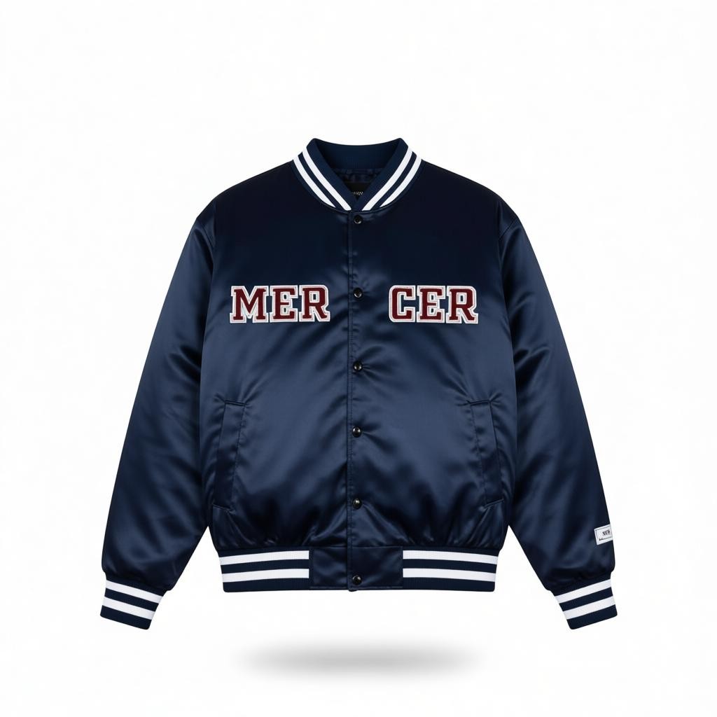 Navy Varsity Jacket with MERCER Embroidery and Striped Accents Unisex