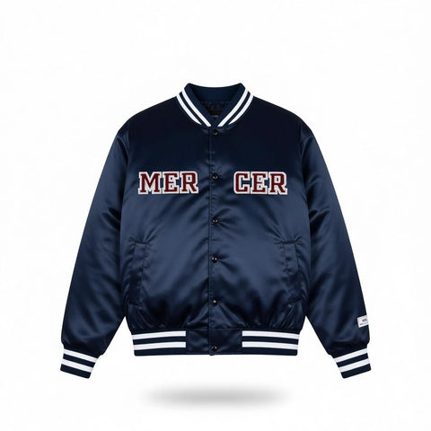 Navy Varsity Jacket with MERCER Embroidery and Striped Accents Unisex