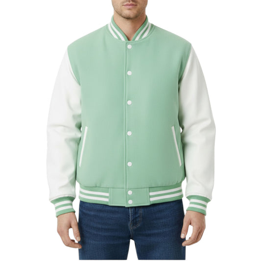 Green and white varsity jacket worn by a person on a white background