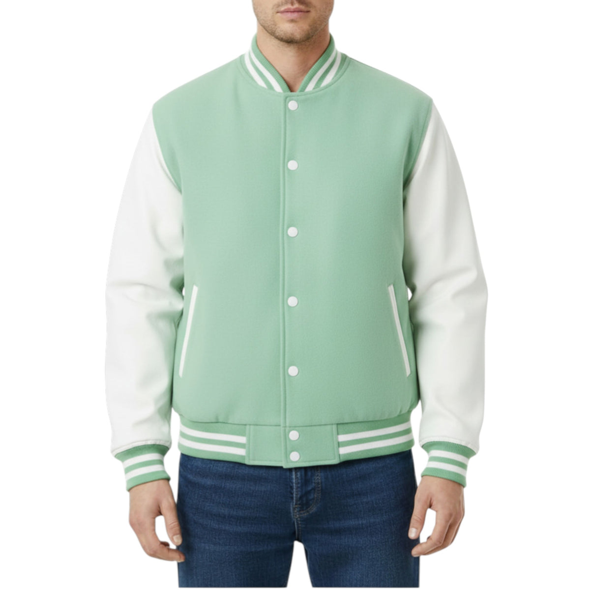 Green and white varsity jacket worn by a person on a white background