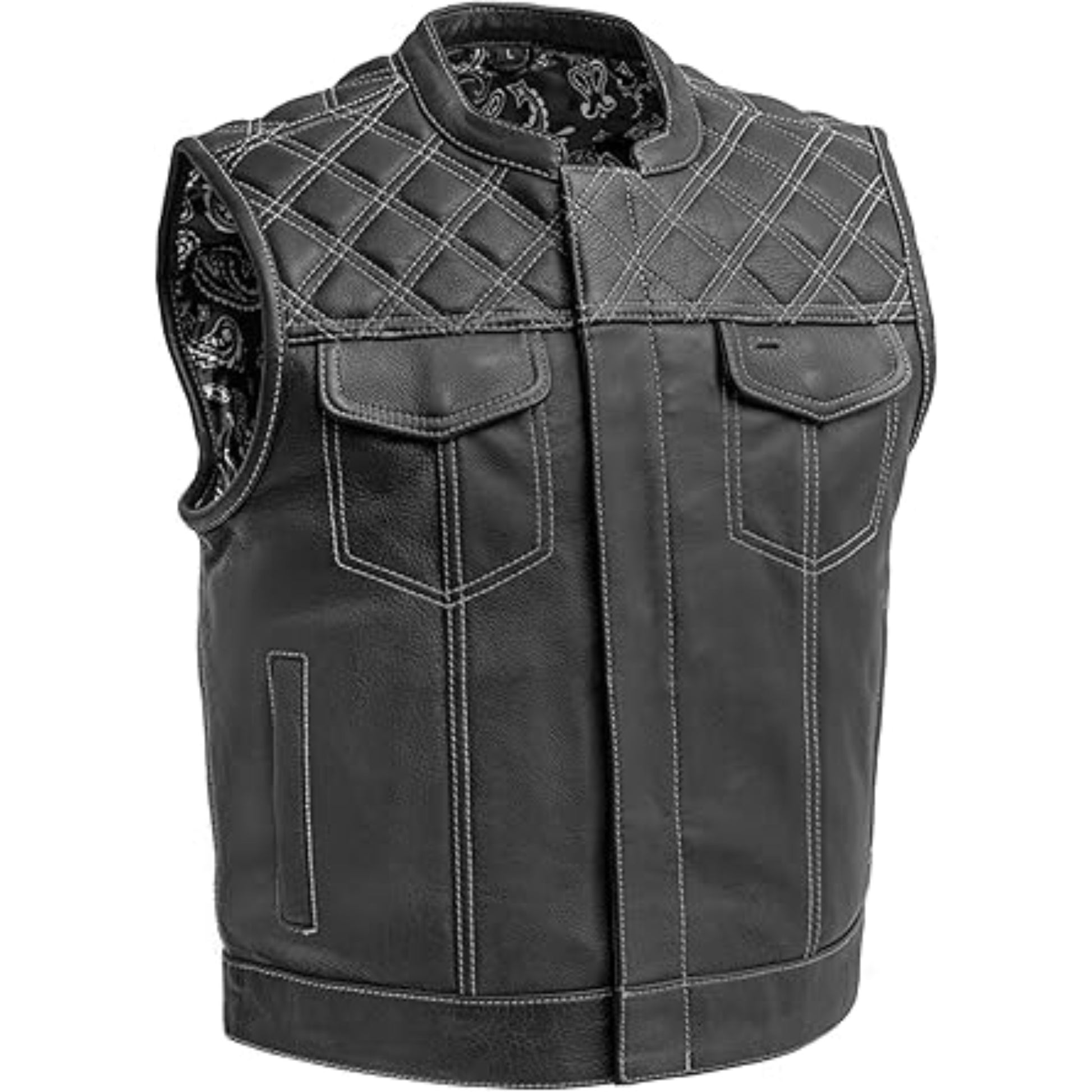 Black leather vest with quilted design on a white background