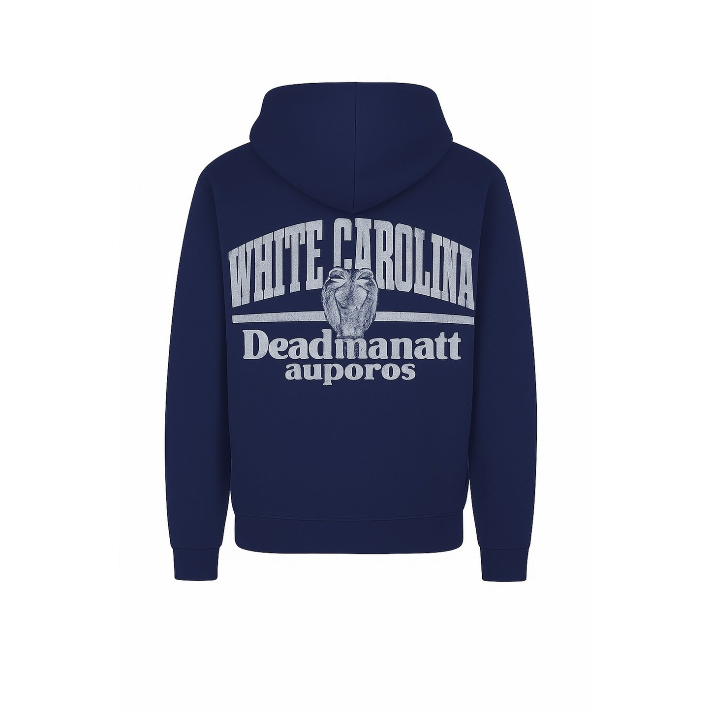 Navy blue hoodie with white text on the back against a white background