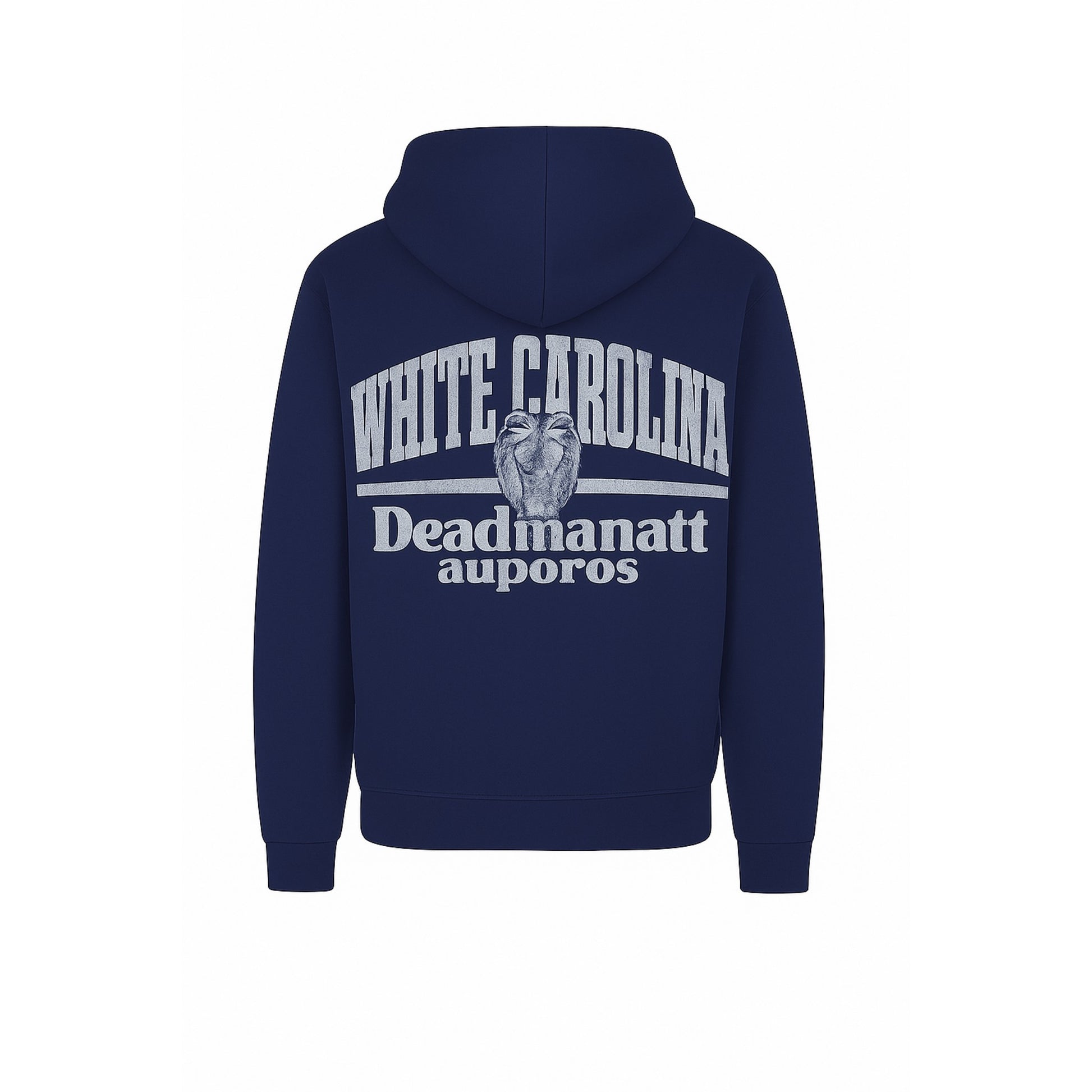 Navy blue hoodie with white text on the back against a white background