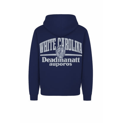 Navy blue hoodie with white text on the back against a white background
