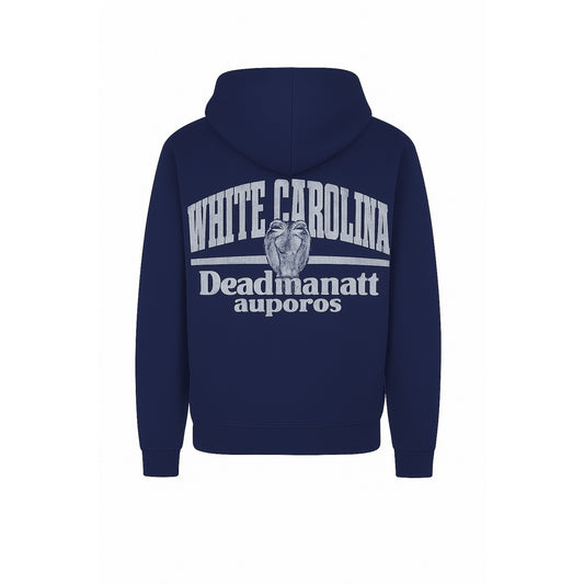 Navy blue hoodie with white text on the back against a white background
