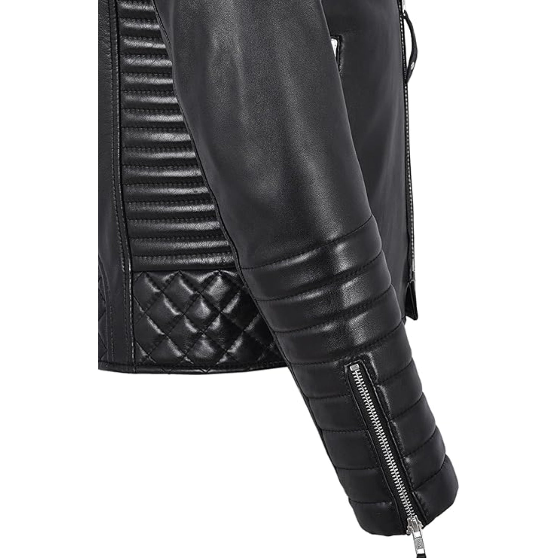 Close-up of a black leather jacket with quilted design and zipper detail on a white background