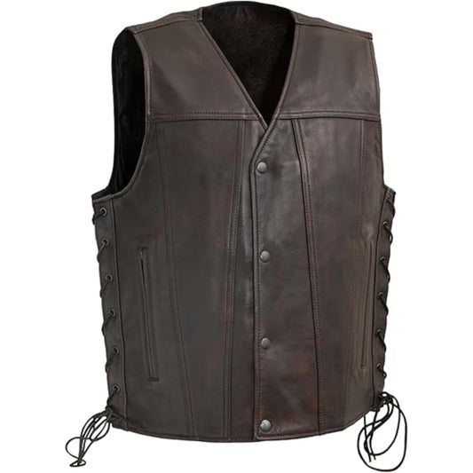 Brown leather vest with buttons and lace-up sides on a white background