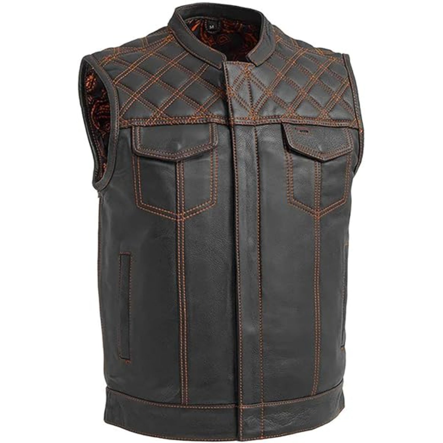 Black leather vest with brown stitching on a white background