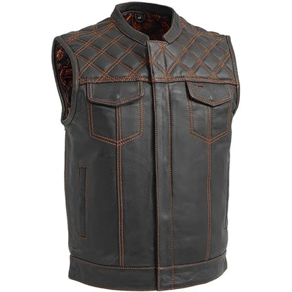 Black leather vest with brown stitching on a white background