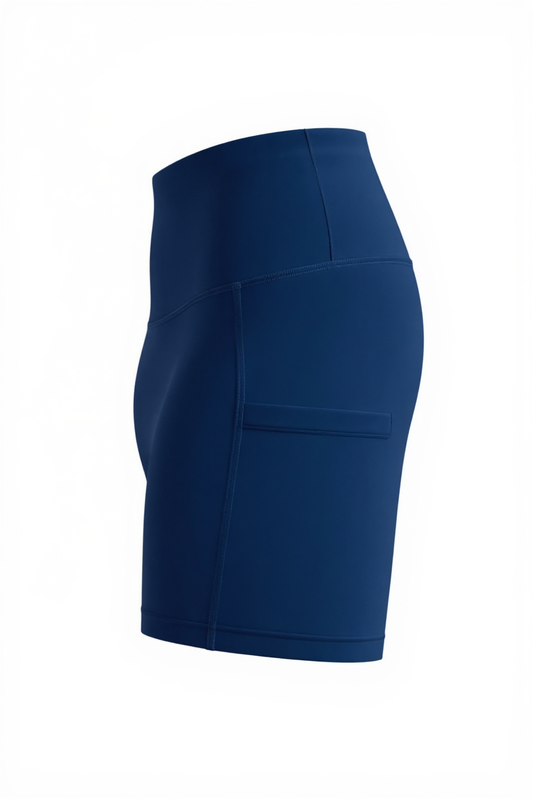 Blue athletic shorts on a white background