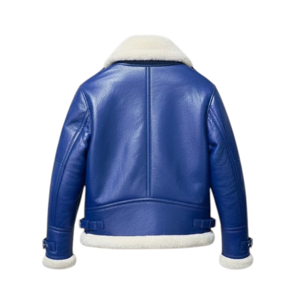 Blue leather jacket with white fur lining on a white background