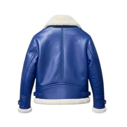 Blue leather jacket with white fur lining on a white background