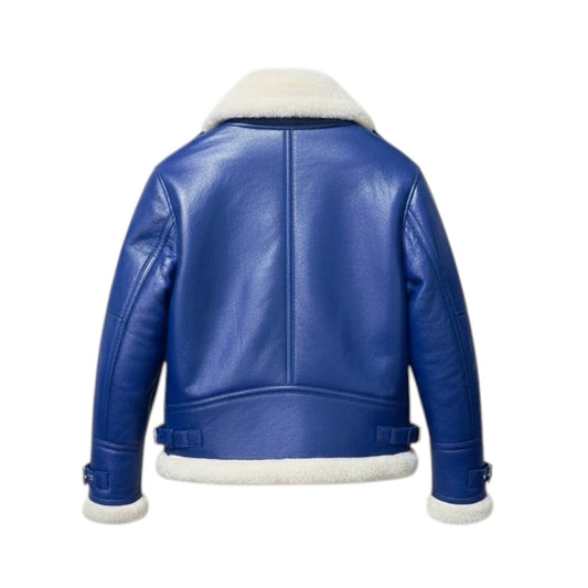 Blue leather jacket with white fur lining on a white background
