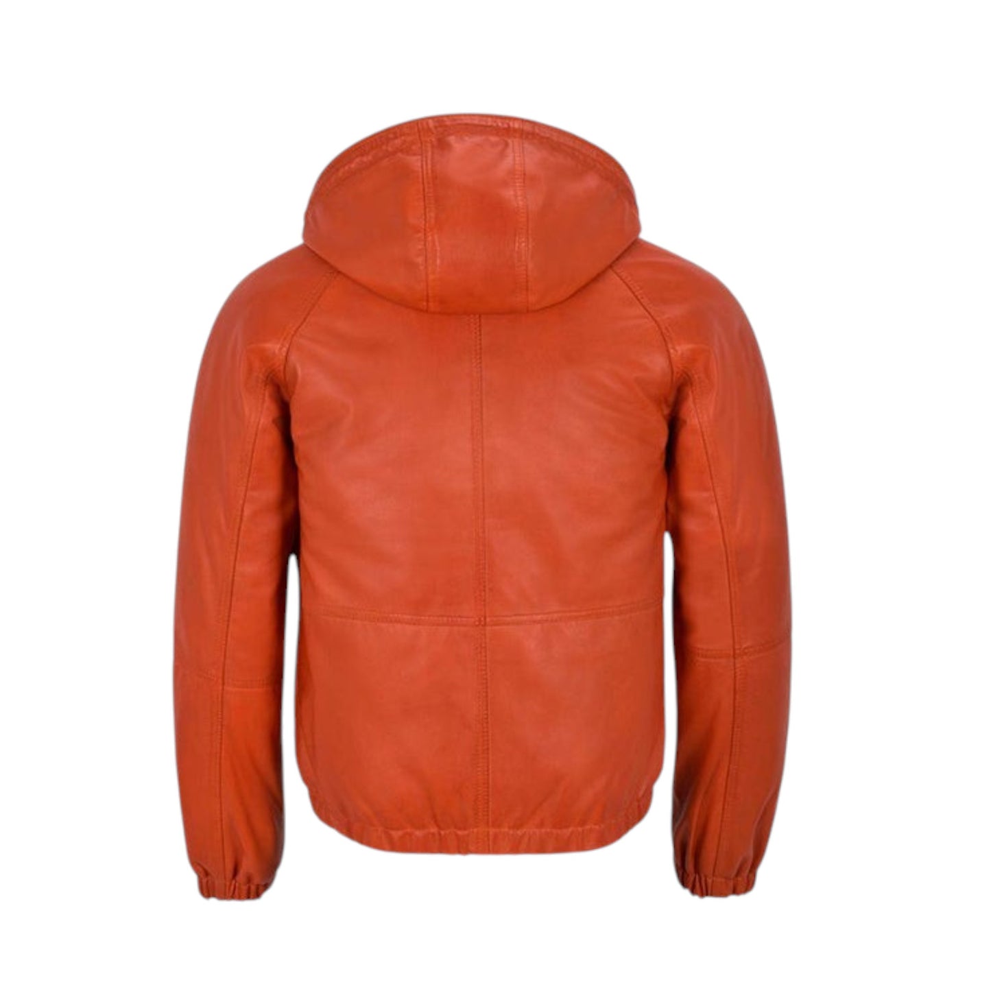 Orange leather jacket with a hood on a white background