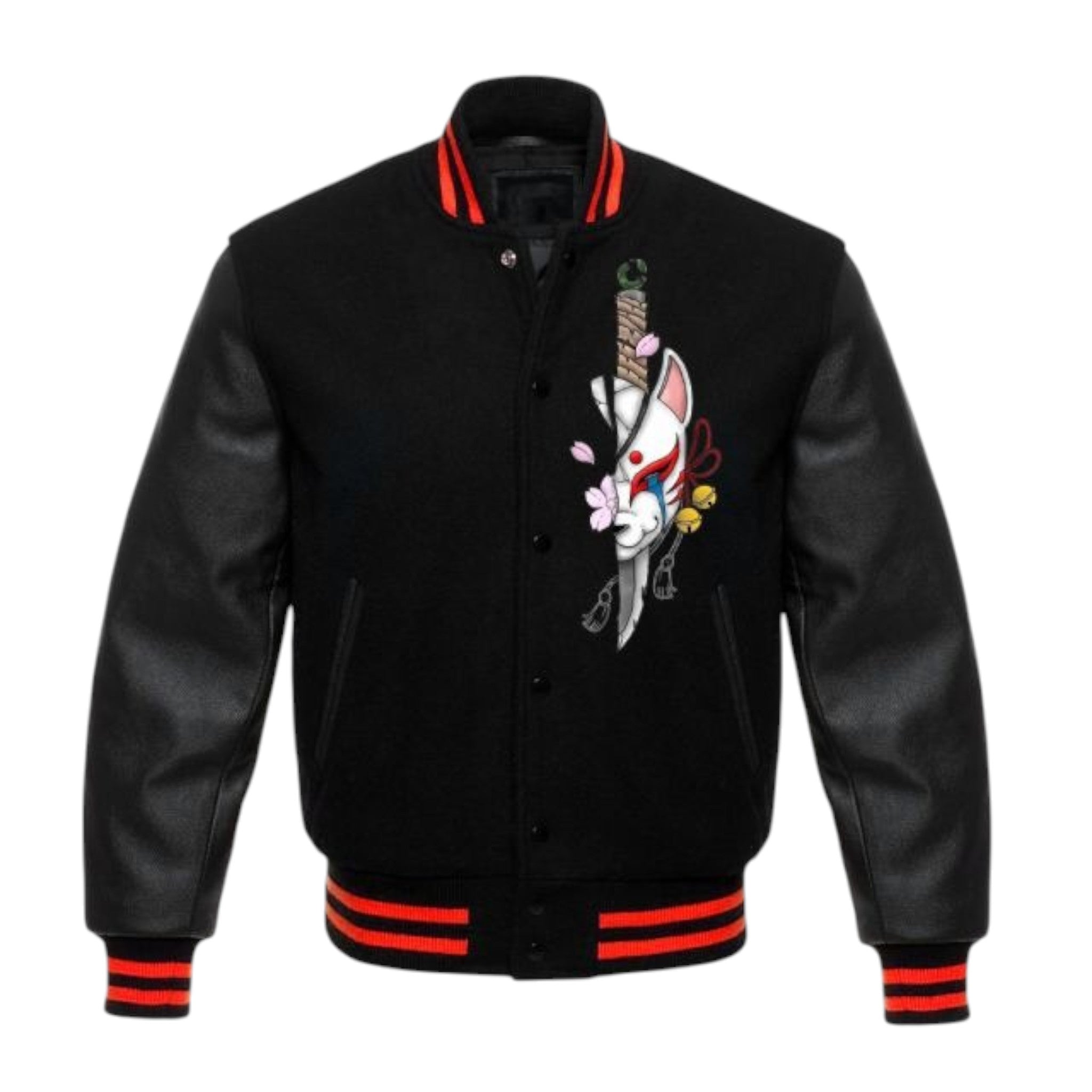 Black varsity jacket with a colorful graphic design on a white background