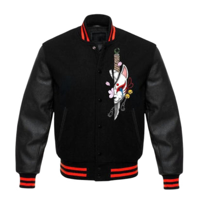 Black varsity jacket with a colorful graphic design on a white background