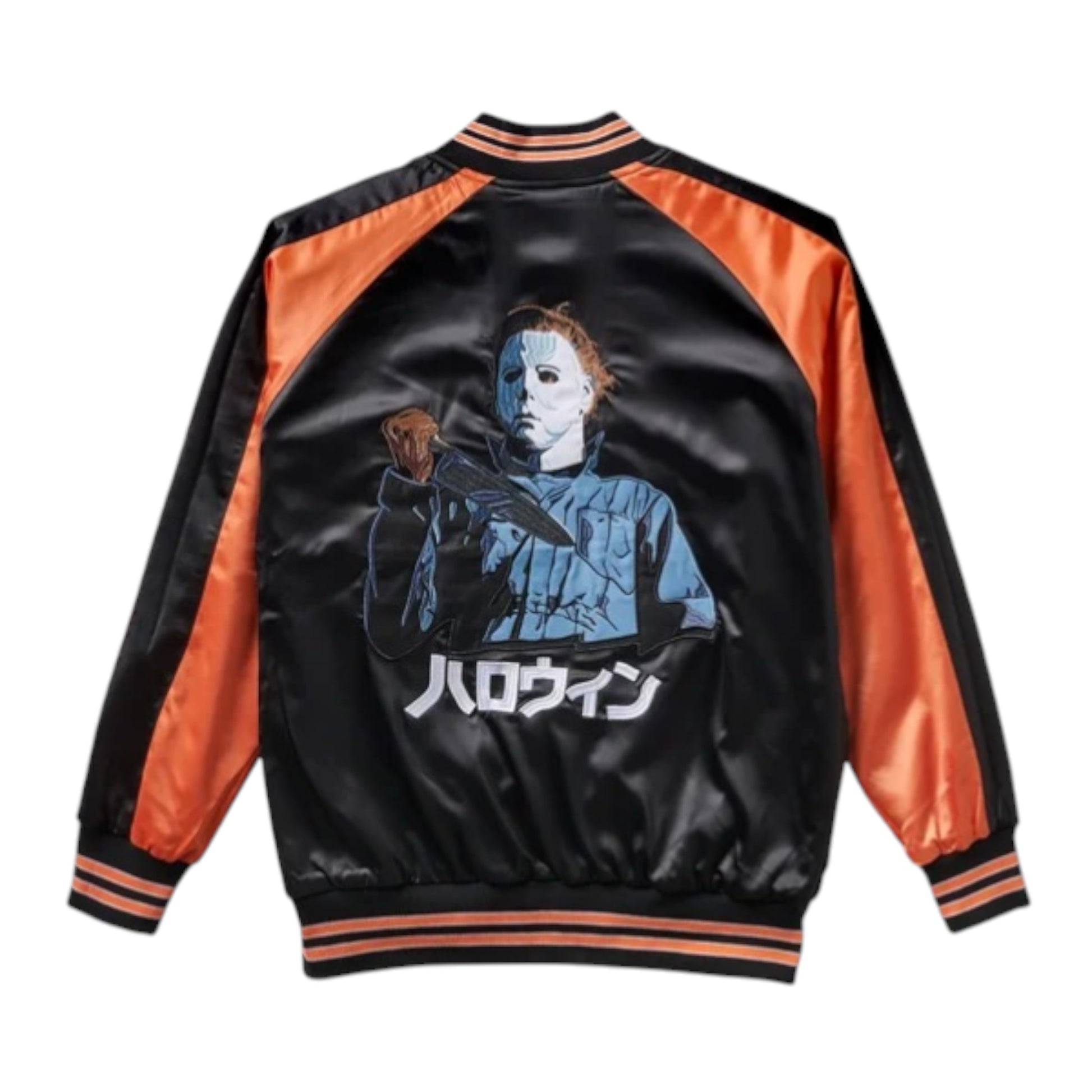 Black and orange jacket with a graphic design on the back