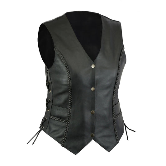 Women’s Black Biker Leather Vest – Concealed Carry Cowhide