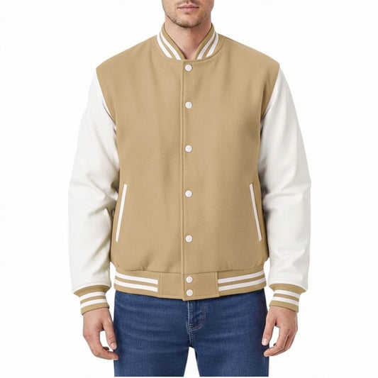 Beige and white varsity jacket worn by a person on a white background