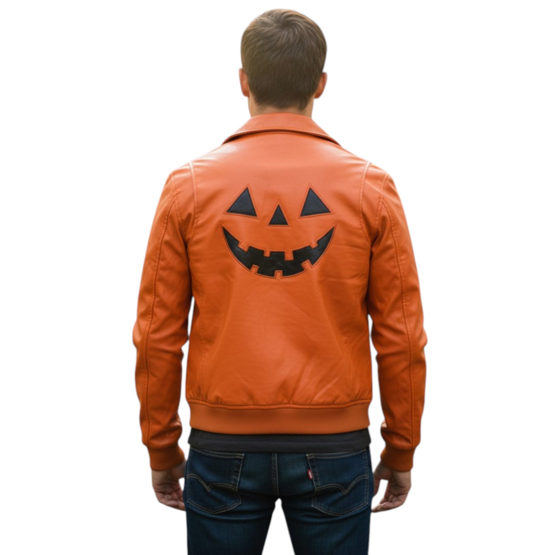 Person wearing an orange leather jacket with a pumpkin face design on the back.