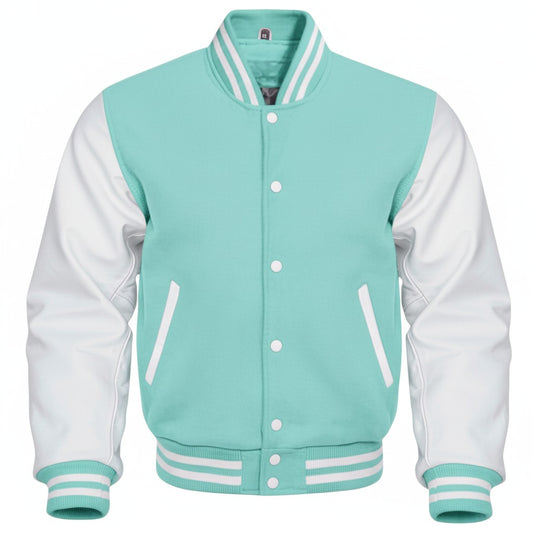 Light blue and white varsity jacket on a white background