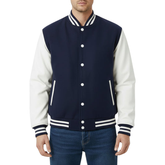 Navy Blue and White Striped Trim Varsity Letterman Bomber Jacket