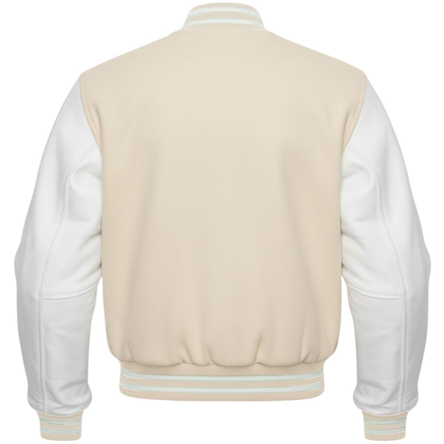 Beige and white varsity jacket on a white background