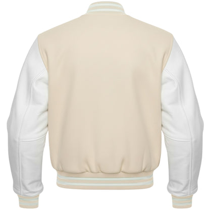 Beige and white varsity jacket on a white background