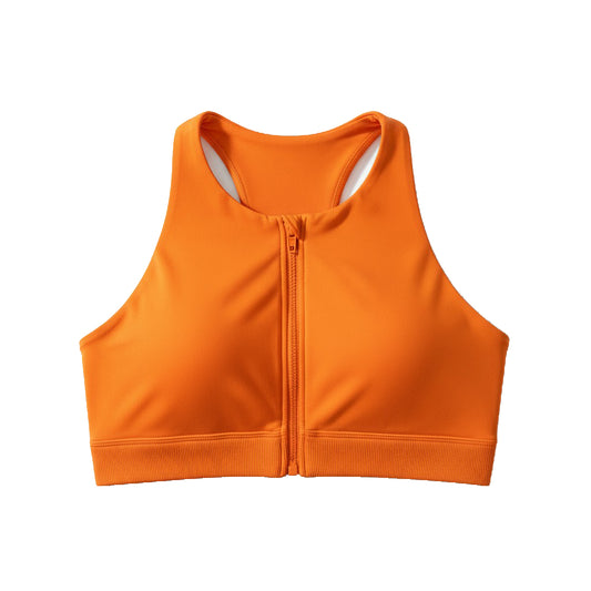 Orange sports bra with a zipper on a white background